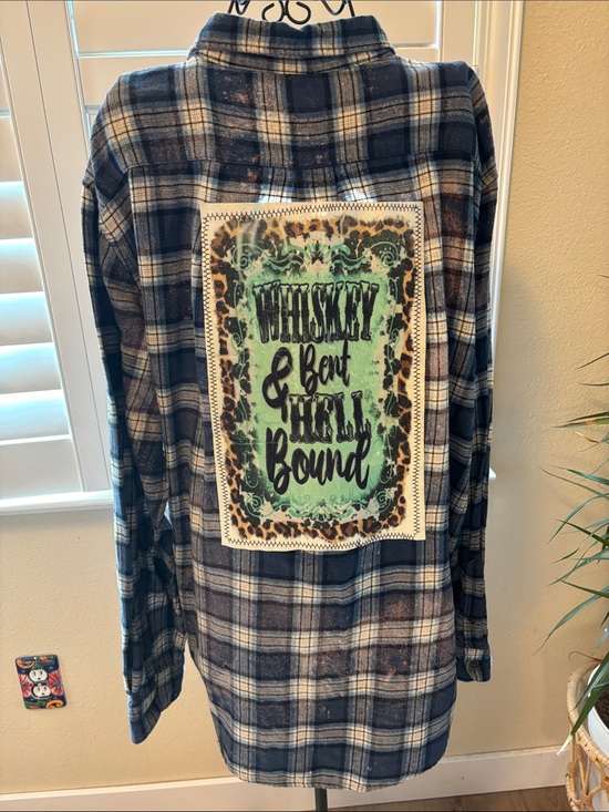 Handmade Tops - Handmade Distressed Bleached Plaid Flannel Back-Print whiskey bent hell bound